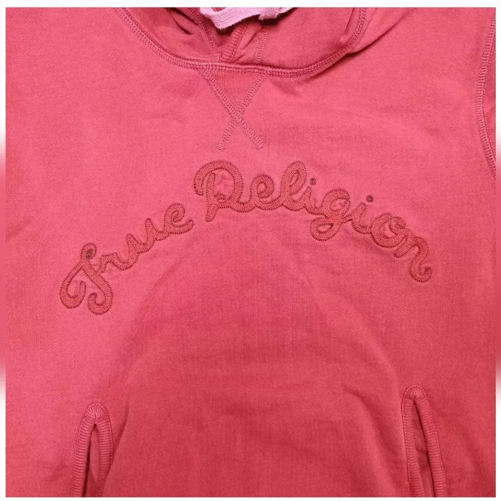 True Religion Red Maroon Pullover Pocket Logo Hoodie Sweatshirt Size Medium